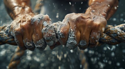 Close-Up of Strong Hands Gripping Tightly on a Heavy Rope with Chalk and Splashing Water - obrazy, fototapety, plakaty
