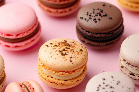 beautiful curated French macarons baked for cafe bakery patisserie with pastel pink flatlay background in different colorful flavours magazine editorial photography pastry, dessert pink