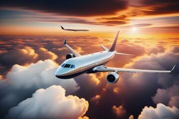 photograph of Commercial airplane flying dramatic during sunset.