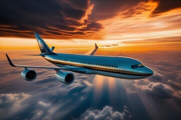 photograph of Commercial airplane flying dramatic during sunset.