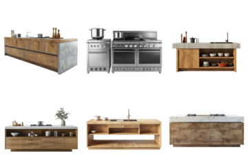 Kitchen counter island group png transparent with no background for sample presentation.