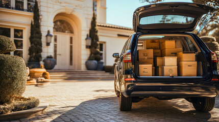 Relocation or moving out, SUV car full of cardboard boxes and furniture parked in a yard, in front of the luxurious house or home. Transport or delivery shipping, outdoors packing