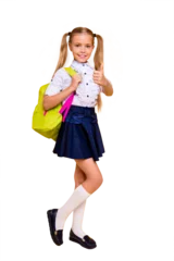 Deurstickers Full length, legs, body, size vertical profile side view photo of beautiful, pretty, charming small girl in skirt show, give thumbs up stand isolated on shine yellow background © deagreez
