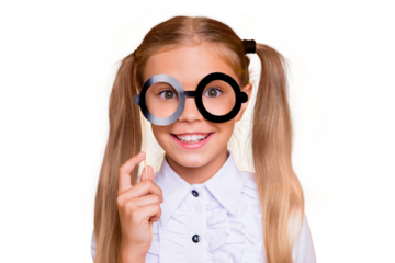I'm so educated! Close up studio photo portrait of pretty adorable nice cheerful glad lovely little girl teen with toothy beaming smile making false glasses isolated bright background