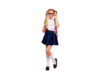 Full length, legs, body, size portrait of beautiful, charming, gorgeous small blonde girl in skirt stand isolated on shine yellow background with copy space for text corrects glasses