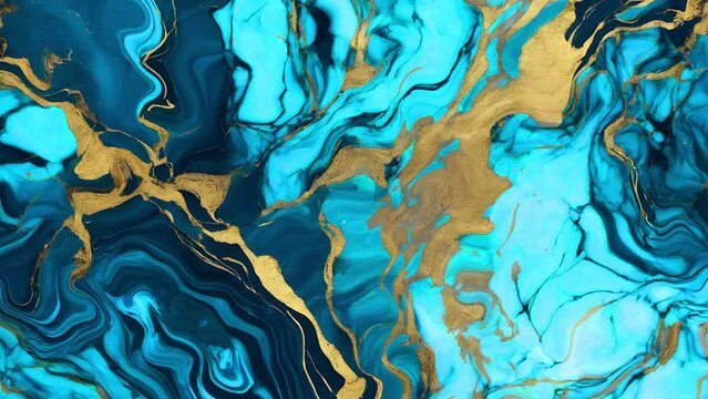Luminous liquid marble design. Turquoise blue stone texture. Animated luxurious background. Fluid art. 25fps