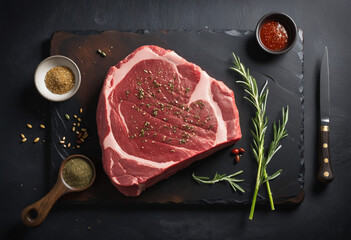Raw beef steak with seasonings on white background