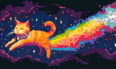 pixel art illustration a cat with the body of a pop tart with a rainbow shooting out its backside - obrazy, fototapety, plakaty