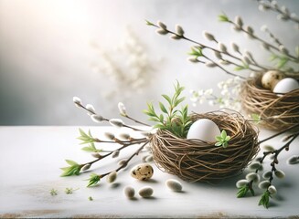 Easter composition with white egg in nest and pussy willow twigs on a cut section of a tree trunk