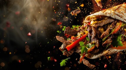 fresh grilled beef turkish or chicken arabic shawarma doner sandwich flying isolated on black background - obrazy, fototapety, plakaty