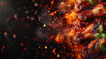 fresh hot chicken wings with fire smoke flames copy space - obrazy, fototapety, plakaty
