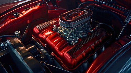 Closeup look underneath the hood of a powerful sports car, shiny and luxurious red V16 engine or...