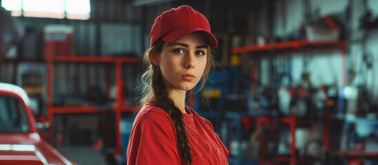 Portrait of a beautiful female mechanic worker, young woman or teenage girl wearing red uniform and a cap, looking at the camera and standing in a garage interior, automotive repair workshop room