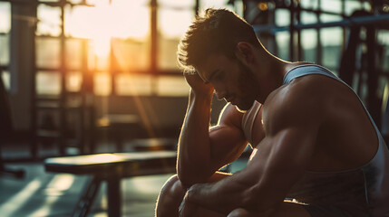 Closeup of a young, handsome man sitting in a modern gym room interior at the sunset. Determined and serious face expression, tired male athlete during workout or training indoors - obrazy, fototapety, plakaty