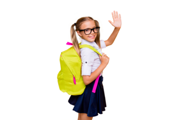 Photo of small girl turned around half a turn and waving hand look at camera isolated on bright yellow background with copy space for text