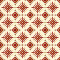 Seamless geometric pattern with ethnic motifs in warm tones, suitable for backgrounds or textiles.