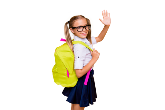 Photo of small girl turned around half a turn and waving hand look at camera isolated on bright yellow background with copy space for text