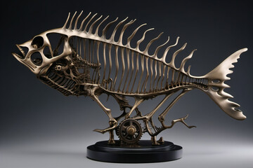 Bronze fish skeleton figurine. Digital illustration.