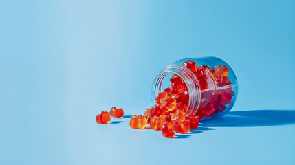 un pot de gummies rouges couché sur le côté avec gummies qui sortent du pot sur fond bleu - obrazy, fototapety, plakaty