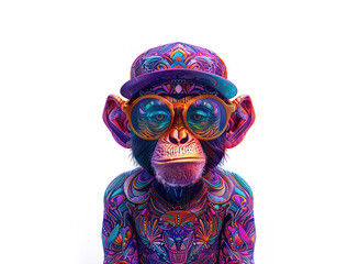 Cartoon colorful monkey with sunglasses on white background. Created with generative AI