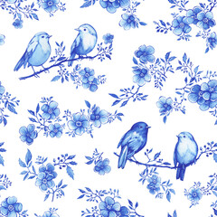 Seamless pattern with couple blue robin birds sitting on a blossoming cherry branch. Hand drawn watercolor painting illustration isolated on white background - obrazy, fototapety, plakaty