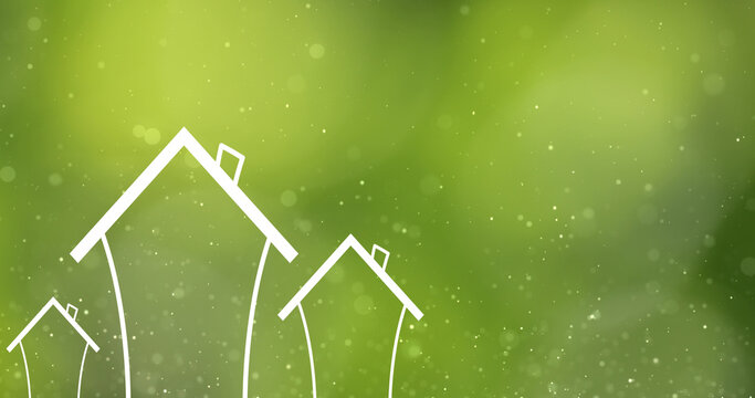 Eco green house icons on blurry nature illustration background.