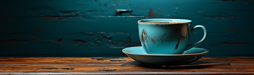 Blaue Kaffeetasse mit heißem Kaffee, Banner Kaffeegenuss, Banner Konzept Kaffee mit Textfreiraum - obrazy, fototapety, plakaty