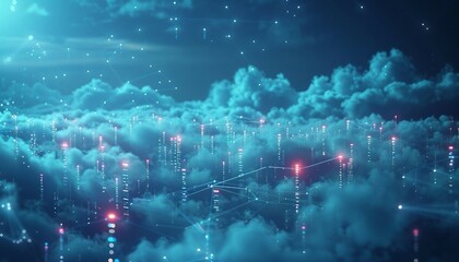 Fototapeta premium Cloud Computing Infrastructure, Illustrate cloud computing infrastructure with an image showcasing data centers, servers, and networking equipment powering cloud technology, AI
