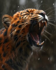 Fauchender Leopard fotorealistisch mit verschwommenem Hintergrund - obrazy, fototapety, plakaty