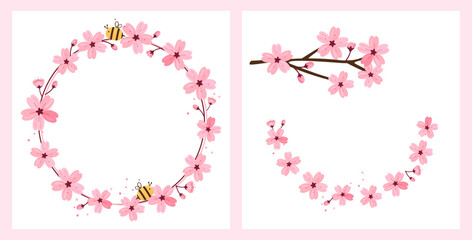 Cherry blossom Sakura flower circle and branch icon sign isolated on white backgrounds vector.