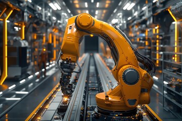 Produktionsroboter, Roboter in einer Industriehalle am Fließband, automatisierte Produktion, Konzept maschinelles Lernen und Robotik - obrazy, fototapety, plakaty