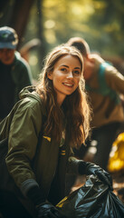 Fototapeta premium A cheerful female volunteer collecting trash in a forest cleanup event, positively impacting the environment and promoting community service. 