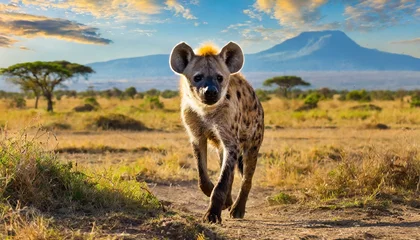 Crédence de cuisine en verre imprimé Hyène A hyena hunting in beautiful nature Africa, dog like animal, sunny