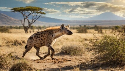 Naklejka na ściany i meble A hyena hunting in beautiful nature Africa, dog like animal, sunny