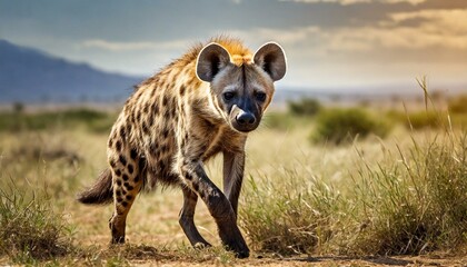 A hyena hunting in beautiful nature Africa, dog like animal, sunny - obrazy, fototapety, plakaty
