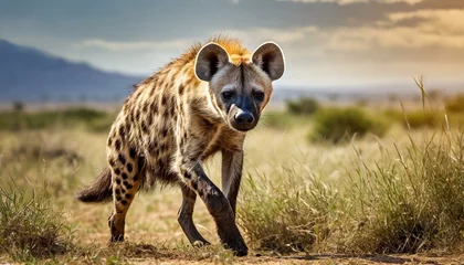 Foto op Plexiglas A hyena hunting in beautiful nature Africa, dog like animal, sunny © dmnkandsk