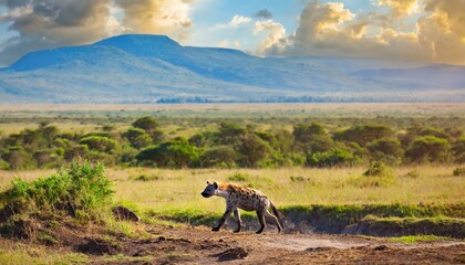 A hyena hunting in beautiful nature Africa, dog like animal, sunny - obrazy, fototapety, plakaty