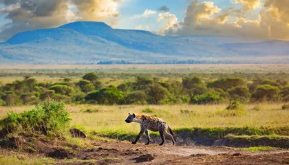 Muurstickers A hyena hunting in beautiful nature Africa, dog like animal, sunny © dmnkandsk