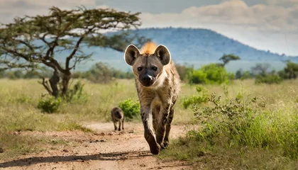 Schilderijen op glas A hyena hunting in beautiful nature Africa, dog like animal, sunny © dmnkandsk
