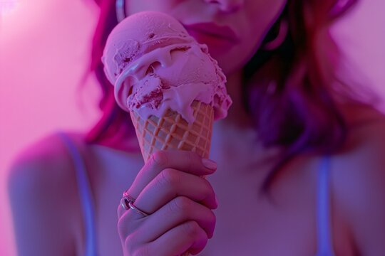 Junge Frau genie&szlig;t ein leckeres Eis, Kugel Eis in einer Waffel, Konzept Genuss Gelato