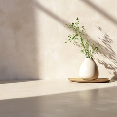 Modern white vase with green plant, wooden plate on stone counter table with space in sunlight, leaf shadow on beige stucco cement wall interior, product display background, Generative AI