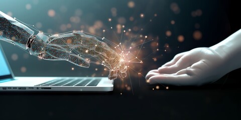 AI, Robot, Cyborg and Humanoid, Machine learning, AI Chat, Hand of robot humanoid touch a big data network connection on cyberspace, Science and artificial intelligence technology for, Generative AI