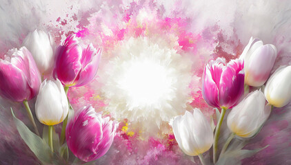 Tapeta białe i rózowe tulipany - obrazy, fototapety, plakaty