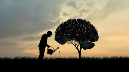 Silhouette of a man watering the tree plant in the shape of the human brain. Mind and knowledge growth concept, creativity and improvement, optimistic intellect and education - obrazy, fototapety, plakaty
