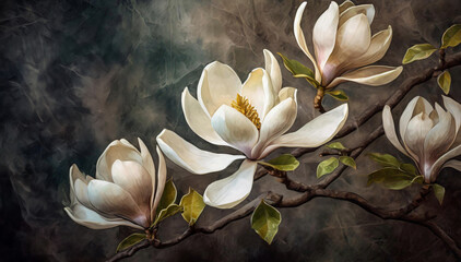 Białe kwiaty magnolie, tapeta grunge