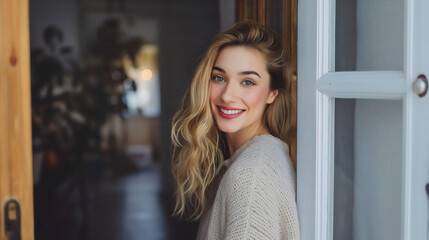 Portrait of a beautiful young woman with blonde hair, opening a door, welcoming the guests into her house, showing hospitality and friendliness. Looking at the camera and smiling. Greeting people
