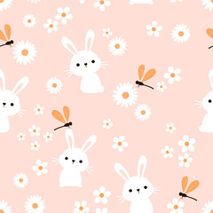 Seamless pattern with bunny rabbit cartoons, dragonflies and daisy flower on pink background vector.