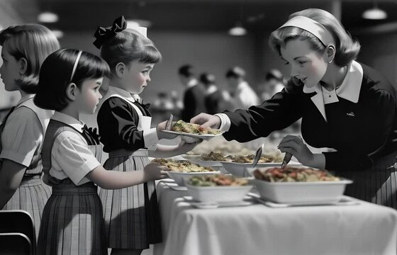 1950s lunch lady serving children food at school cafeteria, vintage black and white