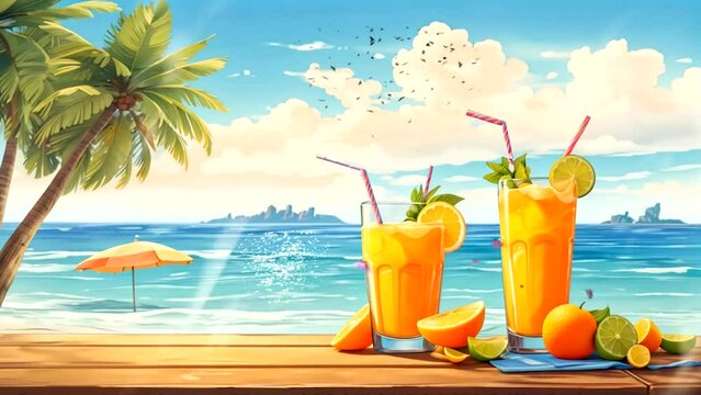 Summer Beach Paradise: The Refreshing Pleasure of Watermelon and Orange Juice. Seamless looping 4k video Animation background