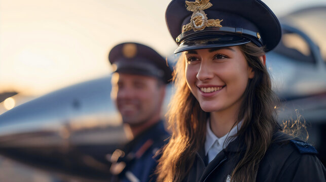 Portrait of a beautiful young female pilot, woman with brunette hair wearing a professional aircraft flight uniform, looking ahead and smiling. Lady aviator job, commercial aircrew career, outdoors